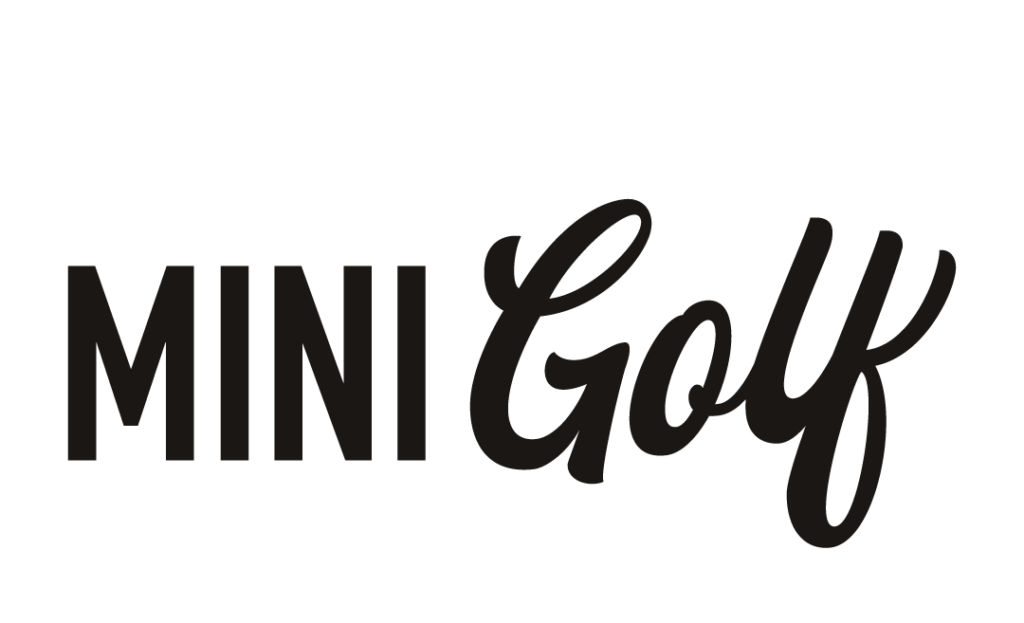 A graphic saying Mini Golf in black text with a white golf flag icon in the background.